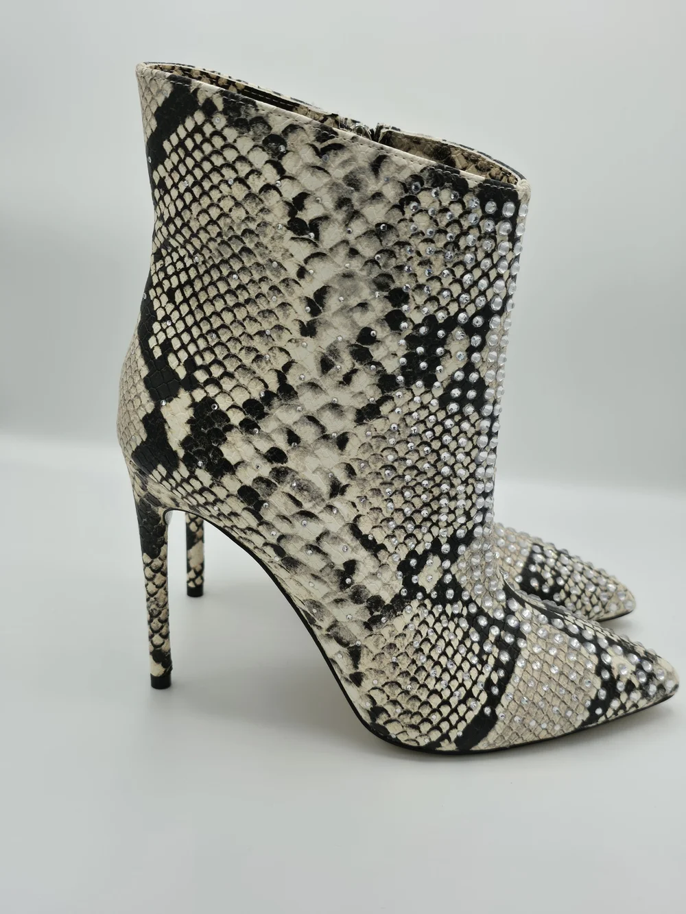 Jennifer Lopez Black and Cream Snake-Print Stiletto Ankle Boots with Crystals